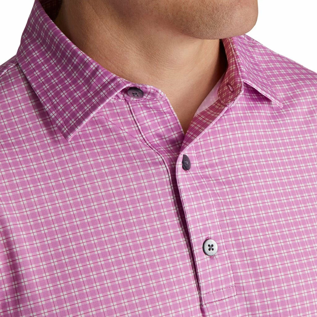FootJoy Lisle Plaid Print Self Collar Pink Mens Golf Polo - Image 3
